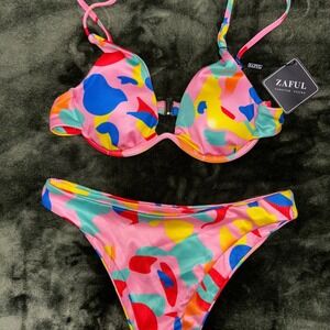 Zaful Size‎ US 4 Bikini Swimsuit Colorful Abstract Print Ribbed NWT